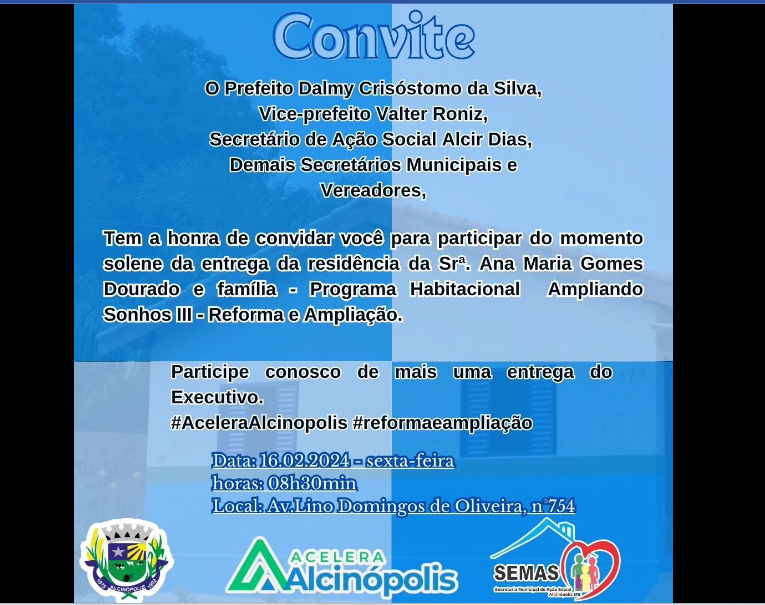 Imagem de compartilhamento para o artigo Prefeito de Alcinópolis convida população para entrega de residência de programa habitacional da MS Todo dia